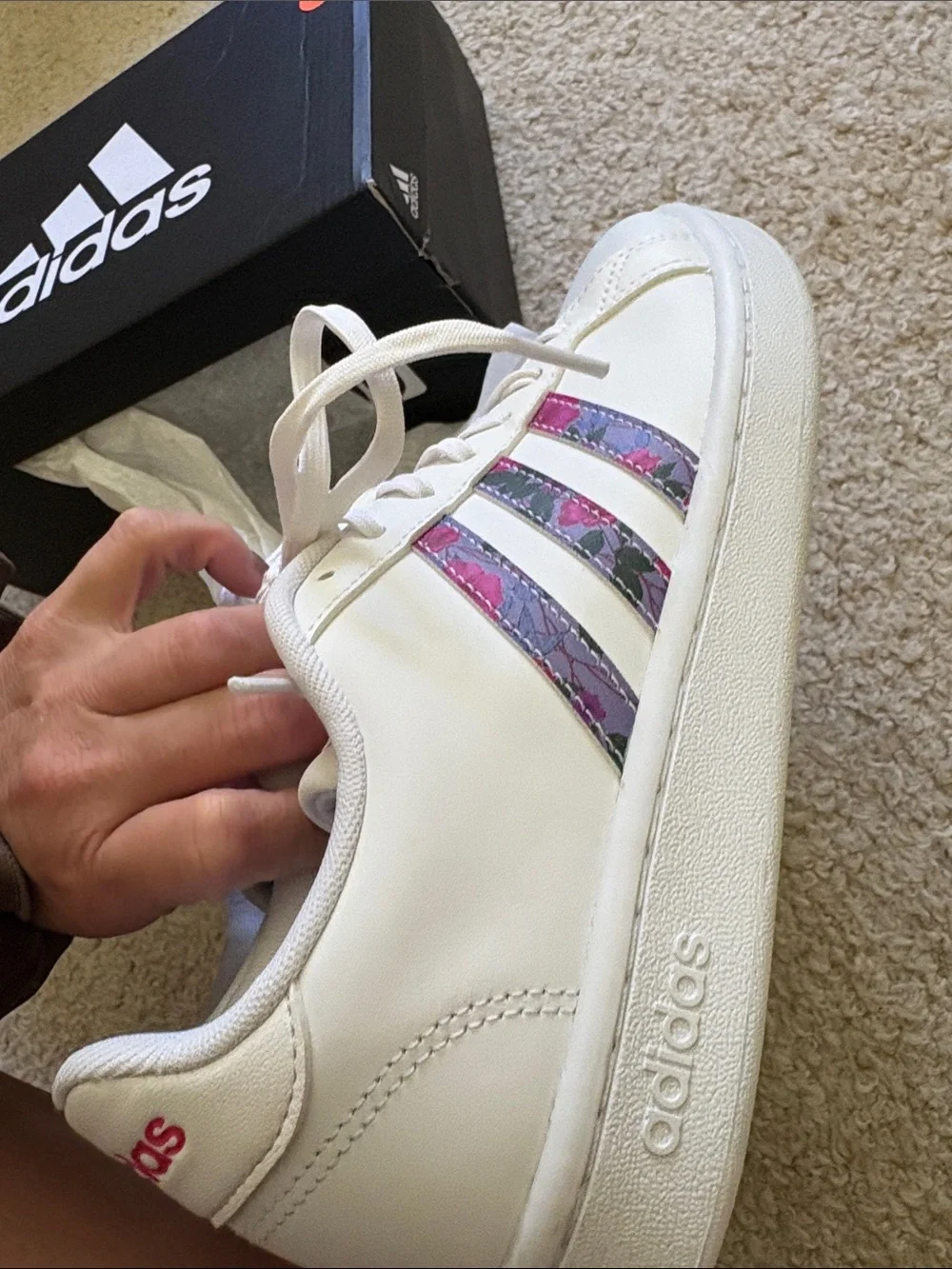 adidas Women’s Grand Court White Sneakers with Pink & Purple Stripes